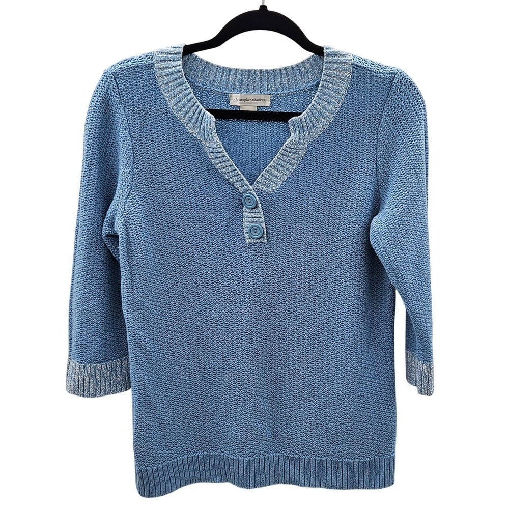 Christopher & Banks Blue Knit V Neck Button Accent 3/4 Sleeve Sweater Top Size M